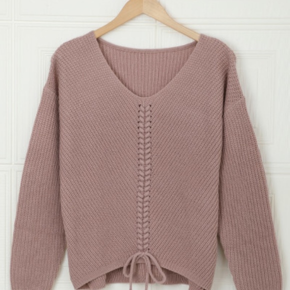 💝HP Blush vneck lace up knitted sweater sz sm - Picture 2 of 6